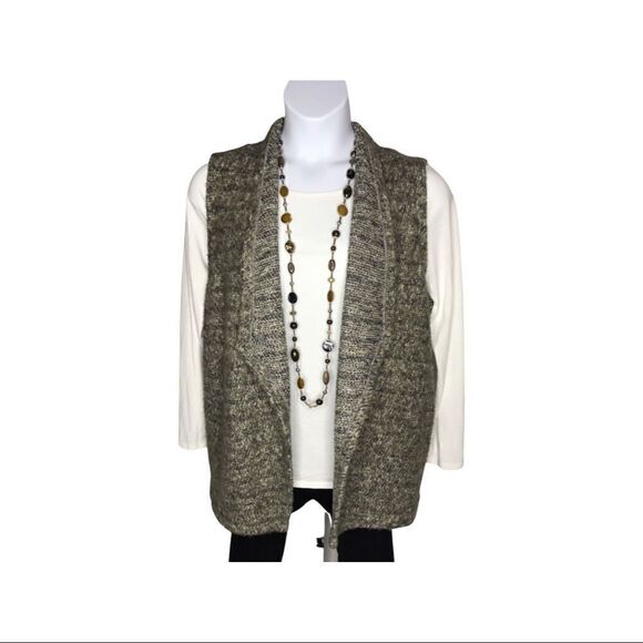Chico’s Sweater Open Vest Olive Black Cream Size 12 - Picture 1 of 6